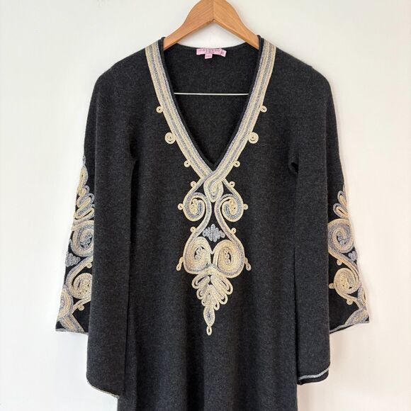 Calypso St. Barth Gray Metallic Ribbon Embroidered Cashmere Bell Sleeve Dress XS - Picture 3 of 11